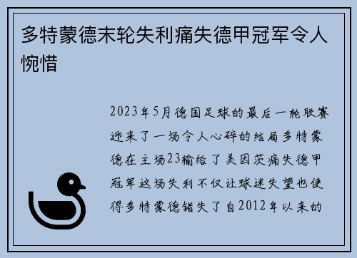 多特蒙德末轮失利痛失德甲冠军令人惋惜 多特蒙德末轮失利痛失德甲冠军令人惋惜